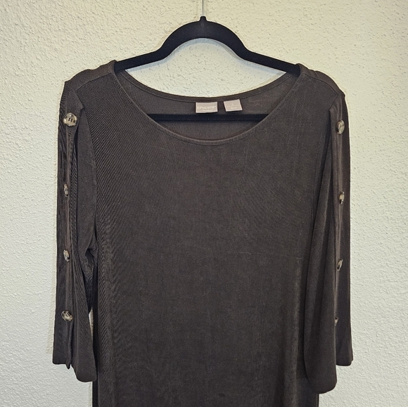 Chico's Traveler Size 2 Large Acetate Slinky Stretchy Brown Midi Dress - Picture 3 of 9